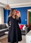 Kadın Uzun Kollu V Yakalı Salaş Midi Iki Iplik Elbise