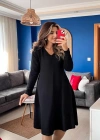 Kadın Uzun Kollu V Yakalı Salaş Midi Iki Iplik Elbise