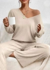 Kadın Uzun Kollu V Yakalı şardonlu Kaşkorse Bluz Ve Pantolon Ikili Takım