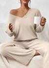 Kadın Uzun Kollu V Yakalı şardonlu Kaşkorse Bluz Ve Pantolon Ikili Takım