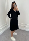 Kadın Uzun Kollu V Yakalı şerit Detaylı Cepli Midi Viskon Iki Iplik Elbise