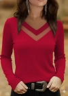 Kadın Uzun Kollu V Yakalı Tül Göğüs Dekolte Detaylı Viskon Bluz