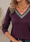 Kadın Uzun Kollu V Payet Yakalı Viskon Mürdüm Bluz