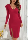 Kadın Uzun Kollu V Yakalı Yandan Yırtmaçlı Midi Ithal Krep Elbise