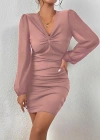 Kadın Uzun Kollu V Yakalı Yanlardan Büzgülü Kısa Sandy Elbise