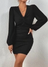 Kadın Uzun Kollu V Yakalı Yanlardan Büzgülü Kısa Sandy Elbise