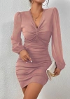 Kadın Uzun Kollu V Yakalı Yanlardan Büzgülü Kısa Sandy Elbise