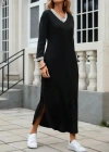 Kadın Uzun Kollu V Yakalı Yanlardan Yırtmaçlı Uzun Viskon Iki Iplik Elbise