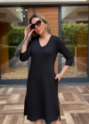 Kadın Uzun Kollu V Yakalı Yanlardan Yırtmaçlı Viskon Iki Iplik Midi Elbise