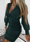 Kadın Uzun Kollu V Yakalısim Detaylı Mini Sandy Elbise