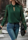 Kadın Uzun Kollu Yaka Düğme Detay Güpürlü Kol Krep Bluz