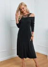 Kadın Uzun Kollu Yaka önü Güpürlü Madonna Yaka Viskon Midi Boy Elbise