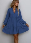 Kadın Uzun Kollu Yakadan Bağcıklı Fırfırlı Keten Mini Elbise