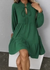Kadın Uzun Kollu Yakadan Bağcıklı Fırfırlı Keten Mini Elbise