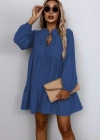 Kadın Uzun Kollu Yakadan Bağcıklı Fırfırlı Keten Mini Elbise