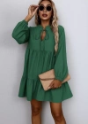 Kadın Uzun Kollu Yakadan Bağcıklı Fırfırlı Keten Mini Elbise