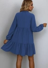 Kadın Uzun Kollu Yakadan Bağcıklı Fırfırlı Keten Mini Elbise