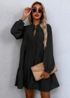 Kadın Uzun Kollu Yakadan Bağcıklı Fırfırlı Keten Mini Elbise