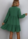 Kadın Uzun Kollu Yakadan Bağcıklı Fırfırlı Keten Mini Elbise