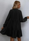 Kadın Uzun Kollu Yakadan Bağcıklı Fırfırlı Keten Mini Elbise