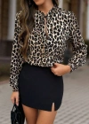 Kadın Uzun Kollu Yakadan Bağcıklı Leopar Desenli Süprem Bluz