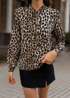 Kadın Uzun Kollu Yakadan Bağcıklı Leopar Desenli Süprem Bluz