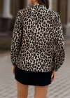 Kadın Uzun Kollu Yakadan Bağcıklı Leopar Desenli Süprem Bluz