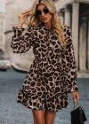 Kadın Uzun Kollu Yakadan Bağcıklı Modal Leopar Desenli Mini Elbise