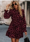 Kadın Uzun Kollu Yakadan Bağcıklı Modal Leopar Desenli Mini Elbise