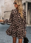 Kadın Uzun Kollu Yakadan Bağcıklı Modal Leopar Desenli Mini Elbise