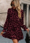 Kadın Uzun Kollu Yakadan Bağcıklı Modal Leopar Desenli Mini Elbise