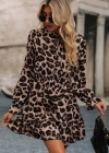 Kadın Uzun Kollu Yakadan Bağcıklı Modal Leopar Desenli Mini Elbise