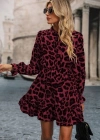 Kadın Uzun Kollu Yakadan Bağcıklı Modal Leopar Desenli Mini Elbise
