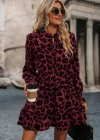 Kadın Uzun Kollu Yakadan Bağcıklı Modal Leopar Desenli Mini Elbise