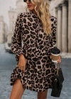 Kadın Uzun Kollu Yakadan Bağcıklı Modal Leopar Desenli Mini Elbise