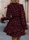 Kadın Uzun Kollu Yakadan Bağcıklı Modal Leopar Desenli Mini Elbise