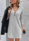 Kadın Uzun Kollu Yakadan Fermuarlı Kısa şardonlu Kaşkorse Elbise