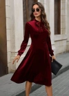 Kadın Uzun Kollu Yakadan Fiyonklu Cepli Midi Kadife Elbise
