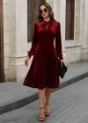 Kadın Uzun Kollu Yakadan Fiyonklu Cepli Midi Kadife Elbise