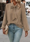 Kadın Uzun Kollu Yakadan Fiyonklu Incili Ithal Krep Bluz