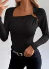 Kadın Uzun Kollu Yakadan Halka Detaylı Viskon Bluz