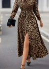 Kadın Uzun Kollu Yakalı Belden Kuşaklı Leopar Desenli Modal Uzun Elbise