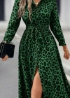 Kadın Uzun Kollu Yakalı Belden Kuşaklı Leopar Desenli Modal Uzun Elbise