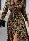 Kadın Uzun Kollu Yakalı Belden Kuşaklı Leopar Desenli Modal Uzun Elbise