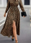 Kadın Uzun Kollu Yakalı Belden Kuşaklı Leopar Desenli Modal Uzun Elbise