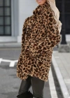 Kadın Uzun Kollu Yakalı Cepli Kısa Peluş Leopar Kaban