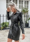 Kadın Uzun Kollu Yakalı Cepli önü Fermuarlı Mini Deri Elbise