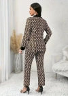 Kadın Uzun Kollu Yakalı Desenli Dalgıç Ceket Bluz Ve Pantolon üçlü Takım