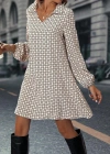Kadın Uzun Kollu Yakalı Desenli Mini Modal Elbise