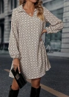 Kadın Uzun Kollu Yakalı Desenli Mini Modal Elbise